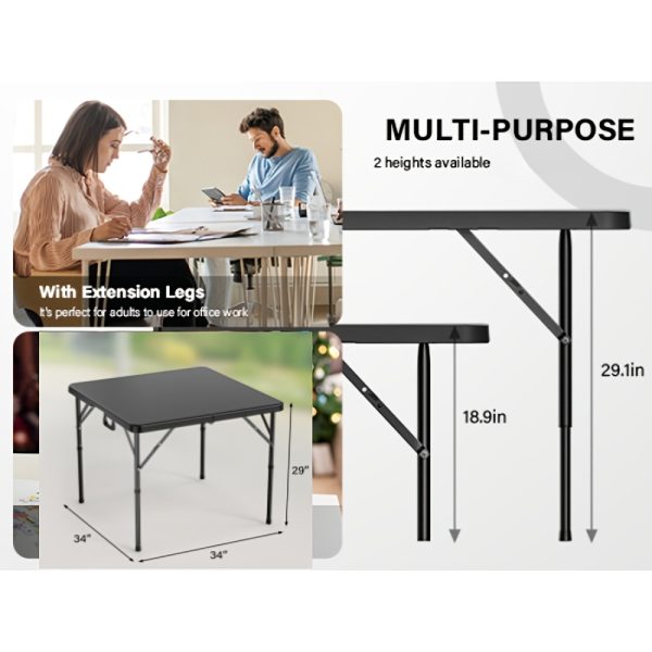34' Fold-in-Half Square Bi-Folding Commercial Table, Portable Plastic Dining Card Table for Indoor Outdoor Kitchen, Party, Wedding & Events, Whiteu002FBlack Garden Patio Camping Picnic Table