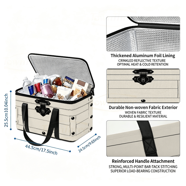 Large-Capacity Insulated Thermal Storage Box & Portable Cooler Suitable for Outdoor Camping, Office, Picnic - Reusable PET Suitcase Tote with Flip-Top Lid, Sealed Bag for Parties, Travel, Non-Food Contact Container Design, 2D Flat