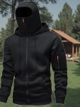 Men's New Full-Zip Windproof Jacket with Face Mask, Balaclava, and Double-Layer Hood Design. Suitable for Cycling, Outdoor Climbing, Skiing, and Casual Wear. Zip-Up Hoodie