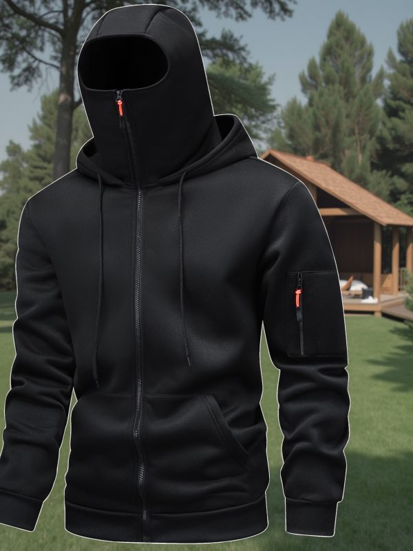 Men's New Full-Zip Windproof Jacket with Face Mask, Balaclava, and Double-Layer Hood Design. Suitable for Cycling, Outdoor Climbing, Skiing, and Casual Wear. Zip-Up Hoodie