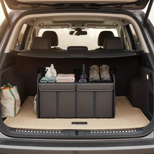 Car Storage Box, PU Leather Material Trunk Organizer, Large Capacity Car Trunk Storage Box, Adjustable Divider Design Durable Foldable Storage Box, Suitable for SUV Camping Travel Car Organization, Sedan Road Trip Storage Box