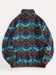 Fleece National Style Jacquard Zipper Mid-High Neck Kangaroo Pocket Pullover Sweater