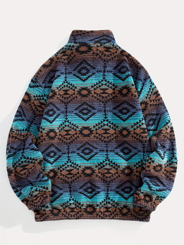 Fleece National Style Jacquard Zipper Mid-High Neck Kangaroo Pocket Pullover Sweater