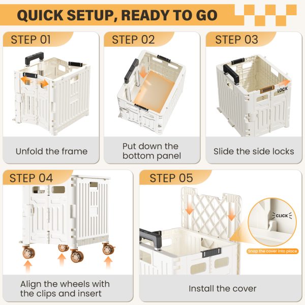 Folding Utility Cart Portable Rolling Crate Handcart Shopping Trolley Collapsible Tool Box, with Lid, on 4 Rotate Wheels, for Grocery, Shopping, Office, Teacher, Camp