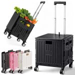 Folding Utility Cart Portable Rolling Crate Handcart Shopping Trolley Collapsible Tool Box, with Lid, on 4 Rotate Wheels, for Grocery, Shopping, Office, Teacher, Camp