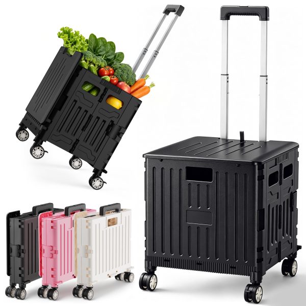 Folding Utility Cart Portable Rolling Crate Handcart Shopping Trolley Collapsible Tool Box, with Lid, on 4 Rotate Wheels, for Grocery, Shopping, Office, Teacher, Camp