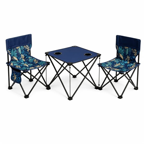 3-Pack Portable Folding Camping Table And Chairs Set with Cup Holders And Side Storage Pockets, Heavy Duty Outdoor Foldable Patio Lawn Chair Table Kit for Picnic Beach Fishing Backyard