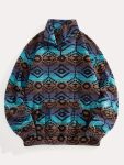 Fleece National Style Jacquard Zipper Mid-High Neck Kangaroo Pocket Pullover Sweater