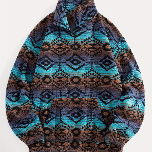 Fleece National Style Jacquard Zipper Mid-High Neck Kangaroo Pocket Pullover Sweater