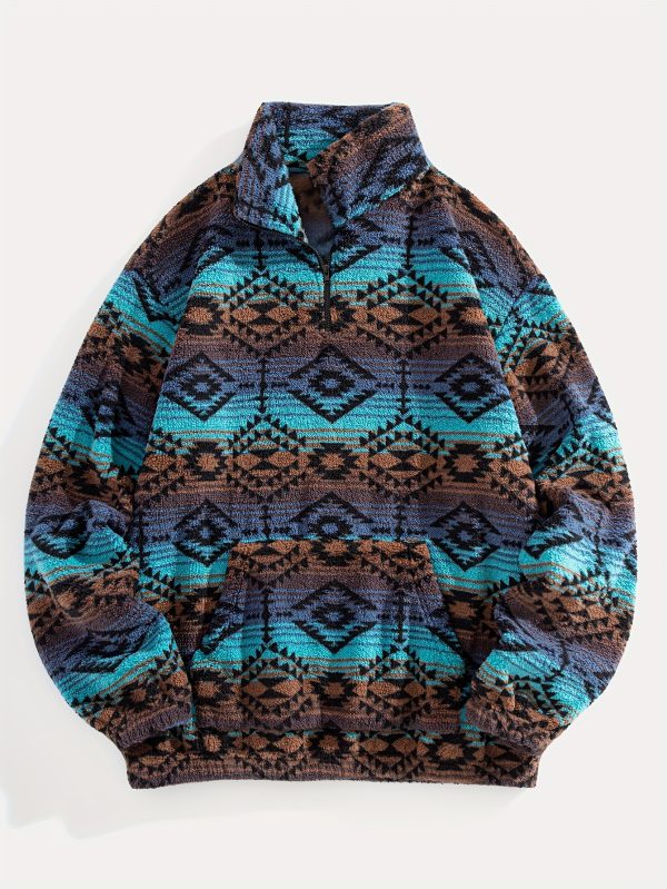 Fleece National Style Jacquard Zipper Mid-High Neck Kangaroo Pocket Pullover Sweater