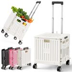 Folding Utility Cart Portable Rolling Crate Handcart Shopping Trolley Collapsible Tool Box, with Lid, on 4 Rotate Wheels, for Grocery, Shopping, Office, Teacher, Camp