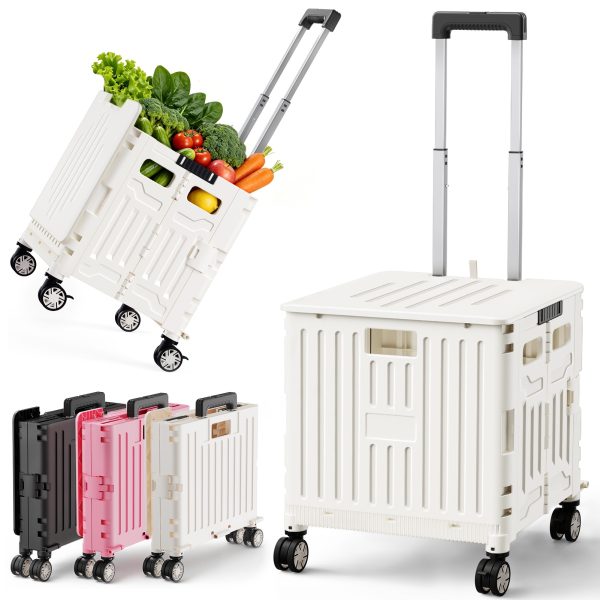 Folding Utility Cart Portable Rolling Crate Handcart Shopping Trolley Collapsible Tool Box, with Lid, on 4 Rotate Wheels, for Grocery, Shopping, Office, Teacher, Camp