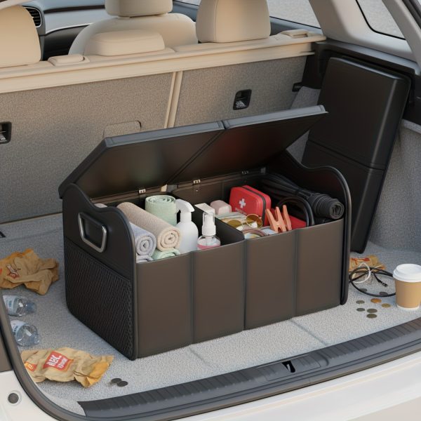 Car Storage Box, PU Leather Material Trunk Organizer, Large Capacity Car Trunk Storage Box, Adjustable Divider Design Durable Foldable Storage Box, Suitable for SUV Camping Travel Car Organization, Sedan Road Trip Storage Box