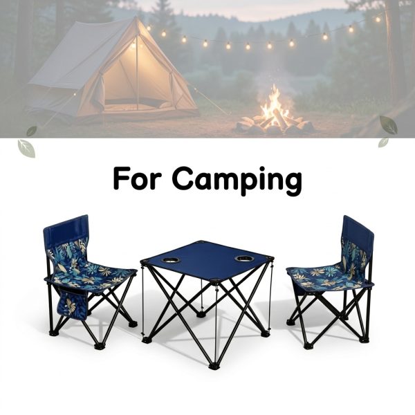 3-Pack Portable Folding Camping Table And Chairs Set with Cup Holders And Side Storage Pockets, Heavy Duty Outdoor Foldable Patio Lawn Chair Table Kit for Picnic Beach Fishing Backyard