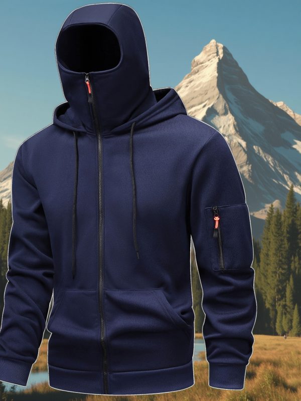 Men's New Full-Zip Windproof Jacket with Face Mask, Balaclava, and Double-Layer Hood Design. Suitable for Cycling, Outdoor Climbing, Skiing, and Casual Wear. Zip-Up Hoodie