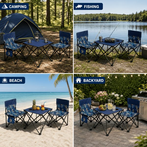 3-Pack Portable Folding Camping Table And Chairs Set with Cup Holders And Side Storage Pockets, Heavy Duty Outdoor Foldable Patio Lawn Chair Table Kit for Picnic Beach Fishing Backyard