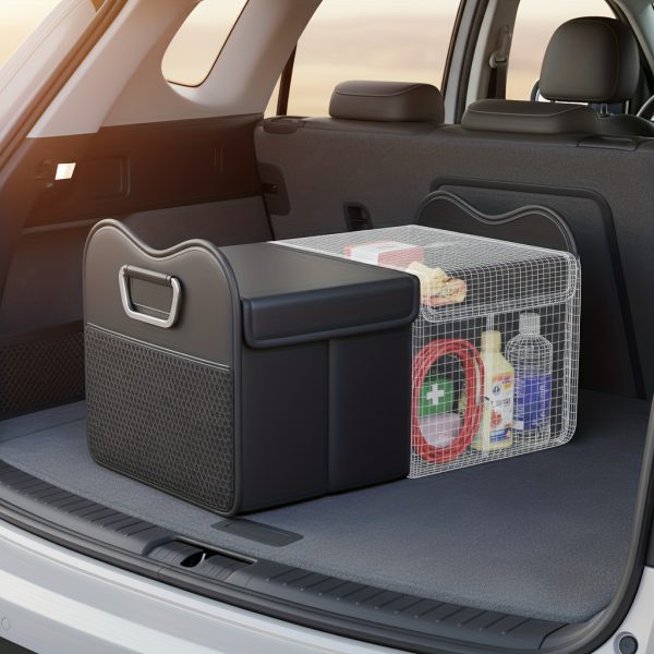Car Storage Box, PU Leather Material Trunk Organizer, Large Capacity Car Trunk Storage Box, Adjustable Divider Design Durable Foldable Storage Box, Suitable for SUV Camping Travel Car Organization, Sedan Road Trip Storage Box