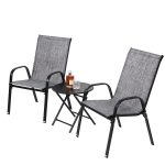 3 Piece Patio set, Outdoor Camping Chairs with Breathable Fabric, folding table with steel table top, 2 Stackable chairs and 1Foldable table set