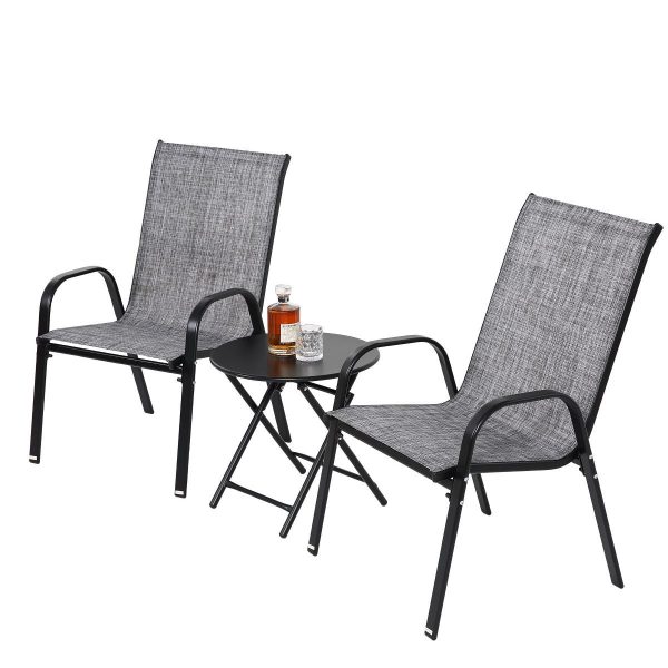3 Piece Patio set, Outdoor Camping Chairs with Breathable Fabric, folding table with steel table top, 2 Stackable chairs and 1Foldable table set