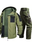 Men'S Tactical Thickened 2pcs Outdoor Casual Softshell Jacket And Cargo Pants Set, Fall Winter Fleece Contrast Hooded Windproof Warm Workwear Multi-Pocket Top And Bottom, Hunting Riding Hiking Exploration Climbing Outfit Without Additions
