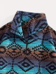 Fleece National Style Jacquard Zipper Mid-High Neck Kangaroo Pocket Pullover Sweater