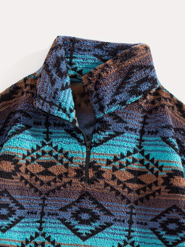 Fleece National Style Jacquard Zipper Mid-High Neck Kangaroo Pocket Pullover Sweater