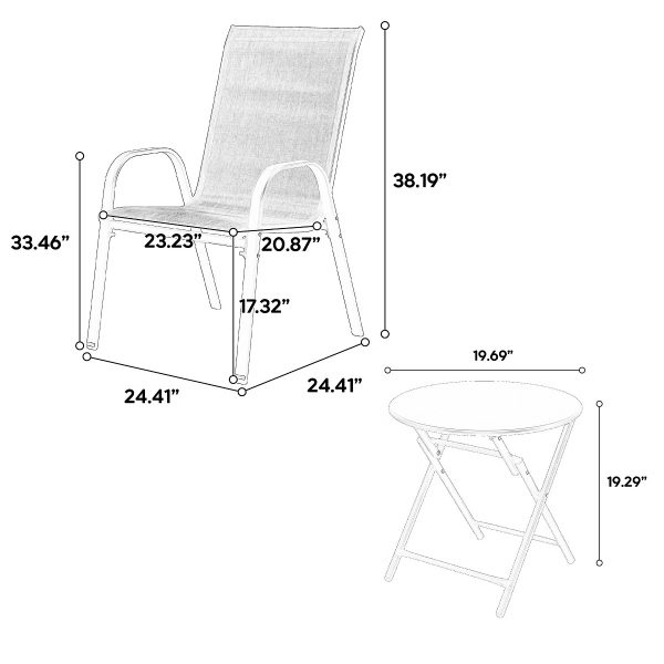3 Piece Patio set, Outdoor Camping Chairs with Breathable Fabric, folding table with steel table top, 2 Stackable chairs and 1Foldable table set