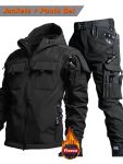 Men'S Tactical Thickened 2pcs Outdoor Casual Softshell Jacket And Cargo Pants Set, Fall Winter Fleece Contrast Hooded Windproof Warm Workwear Multi-Pocket Top And Bottom, Hunting Riding Hiking Exploration Climbing Outfit Without Additions