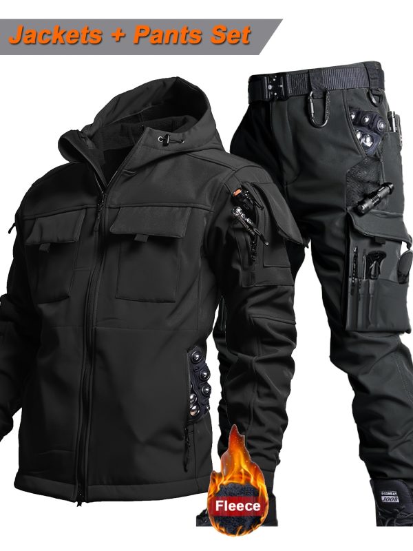Men'S Tactical Thickened 2pcs Outdoor Casual Softshell Jacket And Cargo Pants Set, Fall Winter Fleece Contrast Hooded Windproof Warm Workwear Multi-Pocket Top And Bottom, Hunting Riding Hiking Exploration Climbing Outfit Without Additions