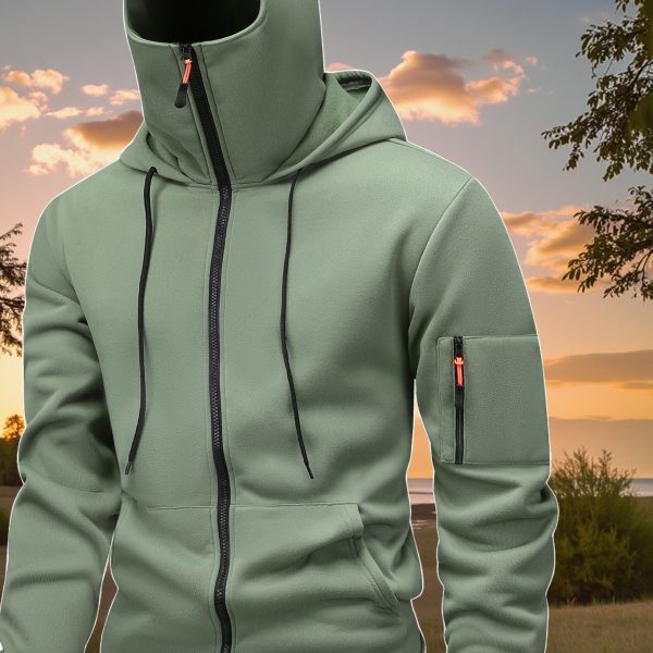 Men's New Full-Zip Windproof Jacket with Face Mask, Balaclava, and Double-Layer Hood Design. Suitable for Cycling, Outdoor Climbing, Skiing, and Casual Wear. Zip-Up Hoodie