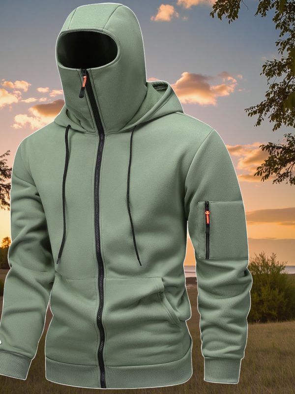 Men's New Full-Zip Windproof Jacket with Face Mask, Balaclava, and Double-Layer Hood Design. Suitable for Cycling, Outdoor Climbing, Skiing, and Casual Wear. Zip-Up Hoodie