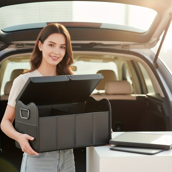 Car Storage Box, PU Leather Material Trunk Organizer, Large Capacity Car Trunk Storage Box, Adjustable Divider Design Durable Foldable Storage Box, Suitable for SUV Camping Travel Car Organization, Sedan Road Trip Storage Box