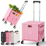 Folding Utility Cart Portable Rolling Crate Handcart Shopping Trolley Collapsible Tool Box, with Lid, on 4 Rotate Wheels, for Grocery, Shopping, Office, Teacher, Camp