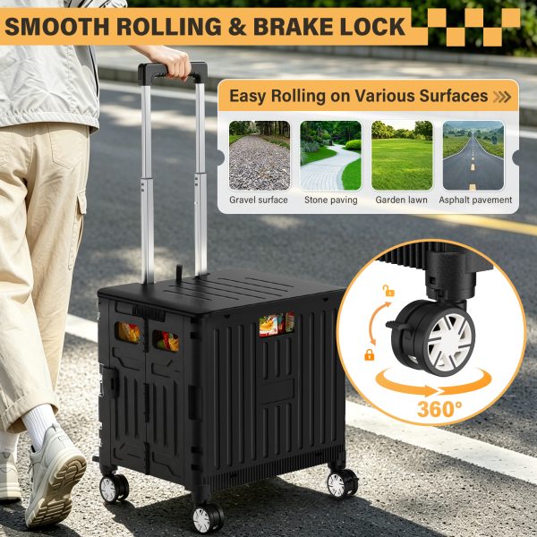 Folding Utility Cart Portable Rolling Crate Handcart Shopping Trolley Collapsible Tool Box, with Lid, on 4 Rotate Wheels, for Grocery, Shopping, Office, Teacher, Camp