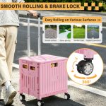 Folding Utility Cart Portable Rolling Crate Handcart Shopping Trolley Collapsible Tool Box, with Lid, on 4 Rotate Wheels, for Grocery, Shopping, Office, Teacher, Camp