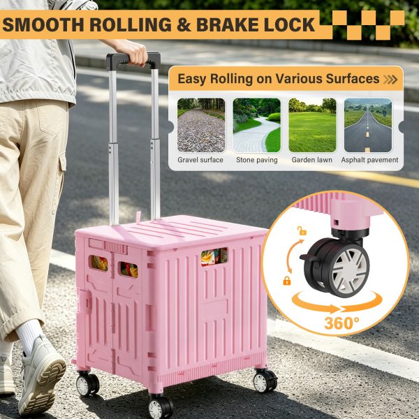 Folding Utility Cart Portable Rolling Crate Handcart Shopping Trolley Collapsible Tool Box, with Lid, on 4 Rotate Wheels, for Grocery, Shopping, Office, Teacher, Camp