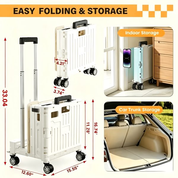 Folding Utility Cart Portable Rolling Crate Handcart Shopping Trolley Collapsible Tool Box, with Lid, on 4 Rotate Wheels, for Grocery, Shopping, Office, Teacher, Camp