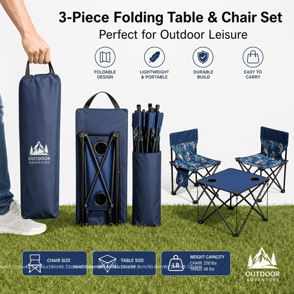 3-Pack Portable Folding Camping Table And Chairs Set with Cup Holders And Side Storage Pockets, Heavy Duty Outdoor Foldable Patio Lawn Chair Table Kit for Picnic Beach Fishing Backyard