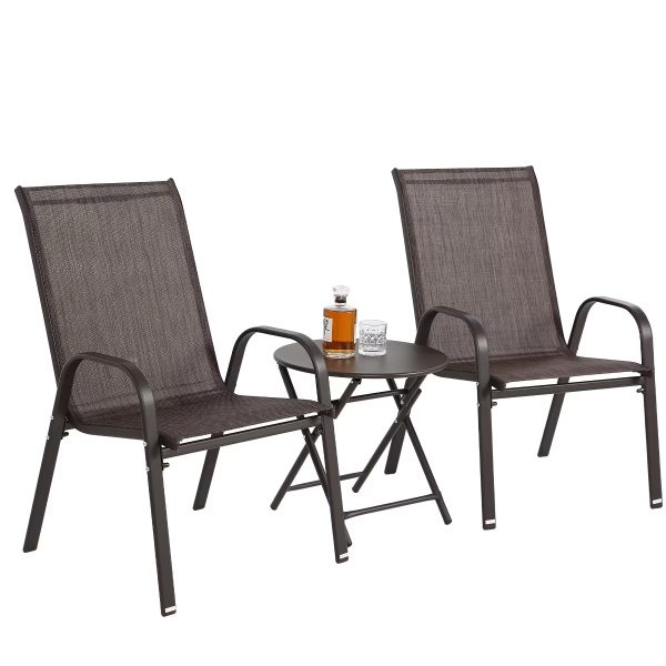 3 Piece Patio set, Outdoor Camping Chairs with Breathable Fabric, folding table with steel table top, 2 Stackable chairs and 1Foldable table set