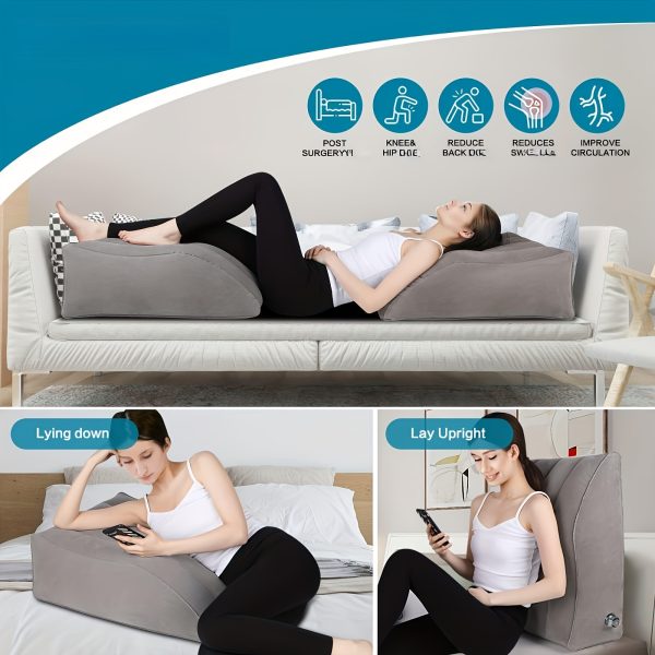 Inflatable Leg Elevation Pillow - Grey with Blue & Black Design, Ideal for Sleeping, Reading, Camping - Microfiber Back Cushion for Hip & Knee Support | Modern & Durable Pillow