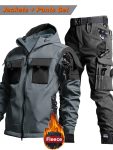 Men'S Tactical Thickened 2pcs Outdoor Casual Softshell Jacket And Cargo Pants Set, Fall Winter Fleece Contrast Hooded Windproof Warm Workwear Multi-Pocket Top And Bottom, Hunting Riding Hiking Exploration Climbing Outfit Without Additions