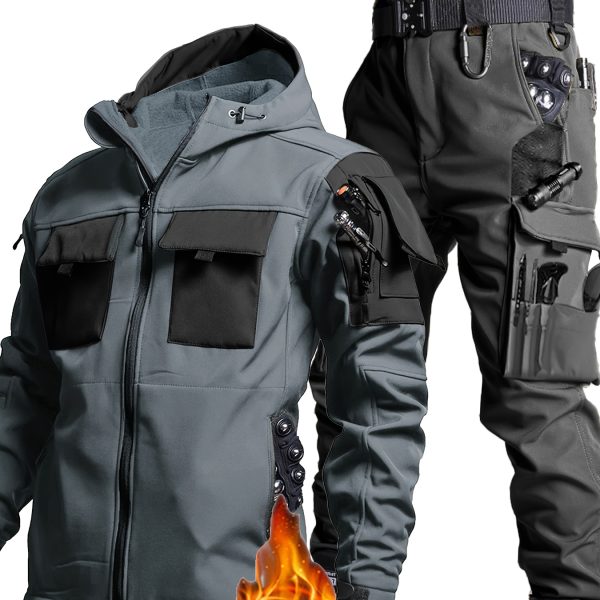 Men'S Tactical Thickened 2pcs Outdoor Casual Softshell Jacket And Cargo Pants Set, Fall Winter Fleece Contrast Hooded Windproof Warm Workwear Multi-Pocket Top And Bottom, Hunting Riding Hiking Exploration Climbing Outfit Without Additions