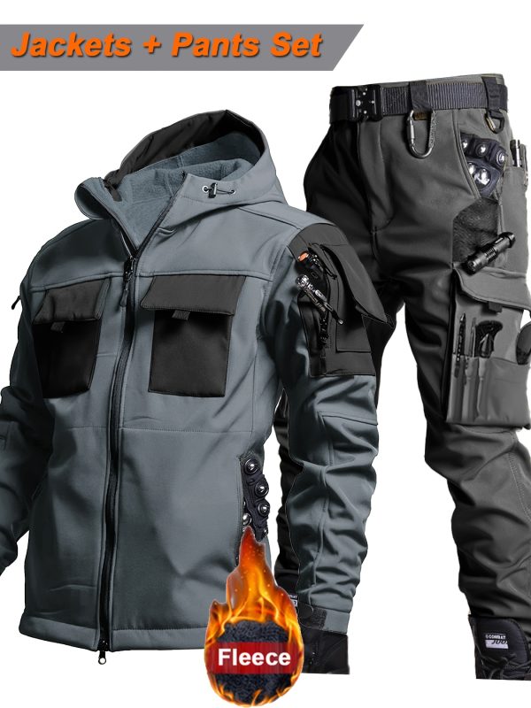 Men'S Tactical Thickened 2pcs Outdoor Casual Softshell Jacket And Cargo Pants Set, Fall Winter Fleece Contrast Hooded Windproof Warm Workwear Multi-Pocket Top And Bottom, Hunting Riding Hiking Exploration Climbing Outfit Without Additions